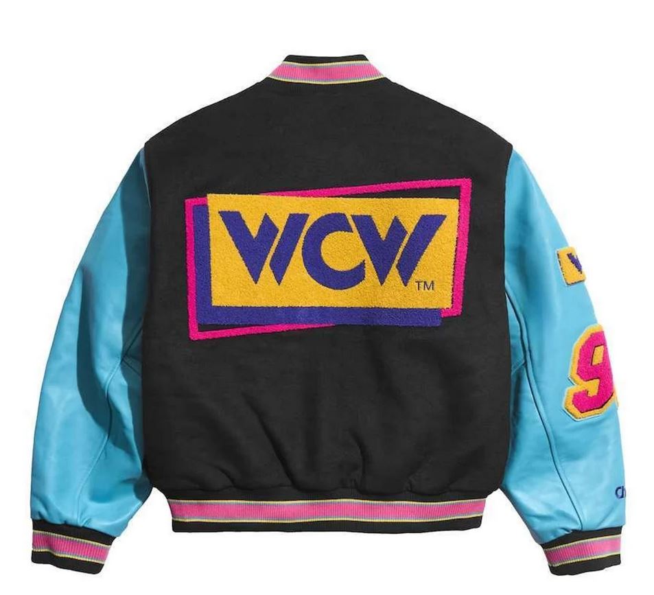 Chaqueta universitaria de cuero negra y azul de la WCW 1992 para hombre