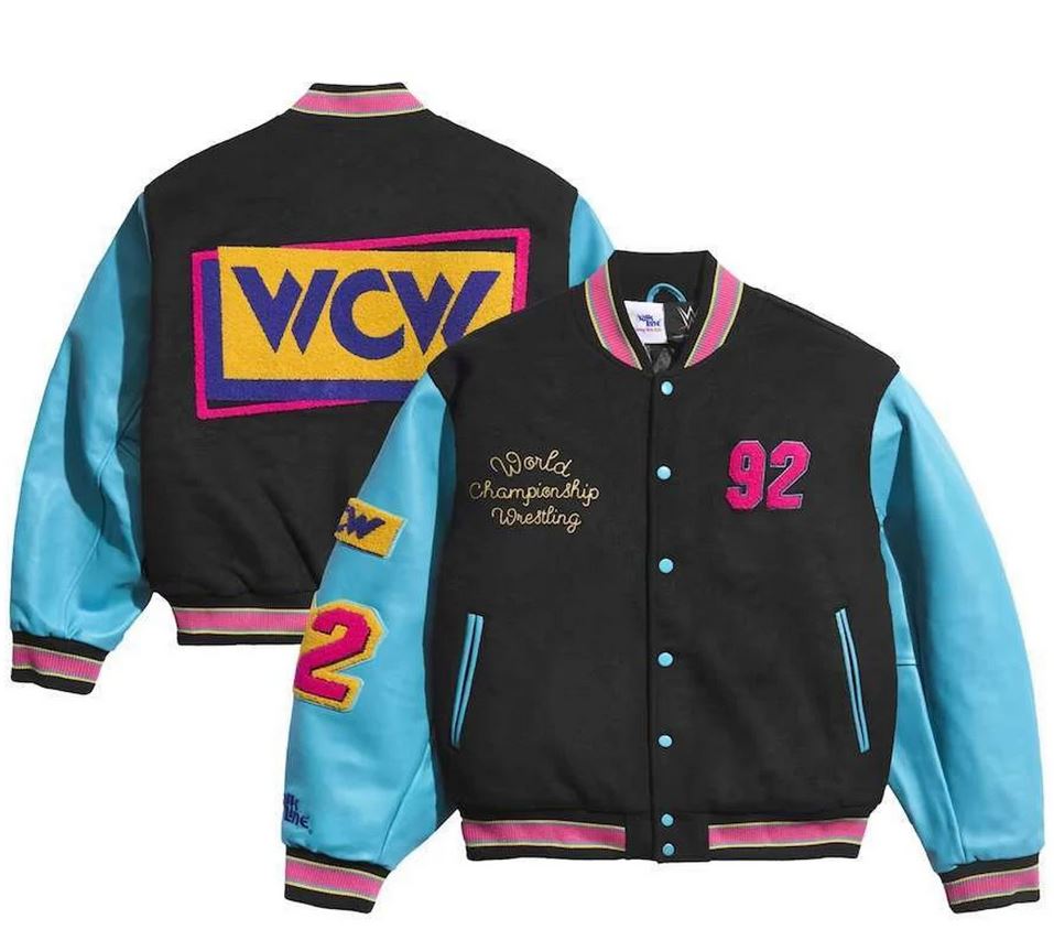 Chaqueta universitaria de cuero negra y azul de la WCW 1992 para hombre