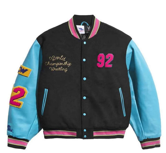 Chaqueta universitaria de cuero negra y azul de la WCW 1992 para hombre