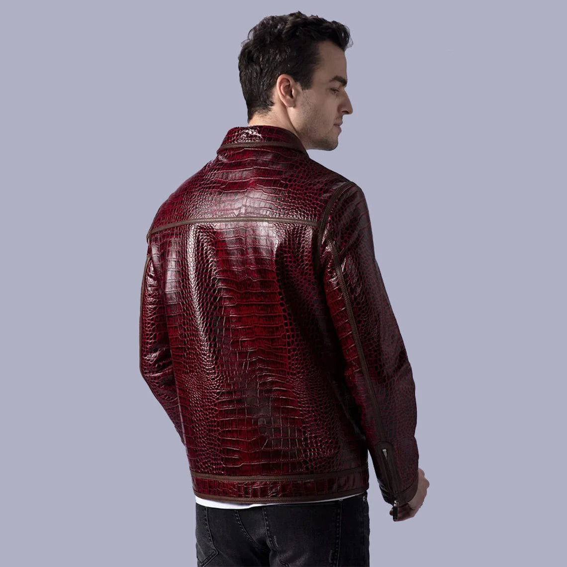 Burgundy Red Crocodile Embossed Sheepskin Leather Jacket