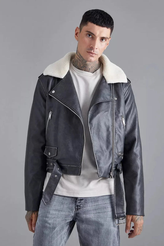 Boxy Fit Washed Genuine Leather Biker With Collar Fur