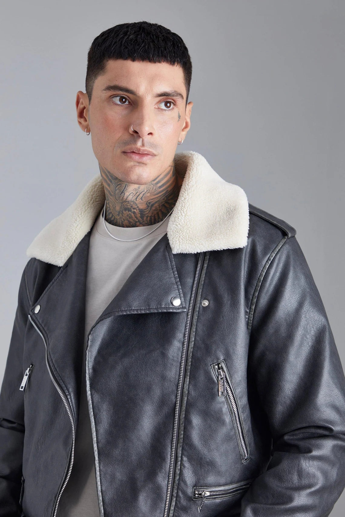 Boxy Fit Washed Genuine Leather Biker With Collar Fur