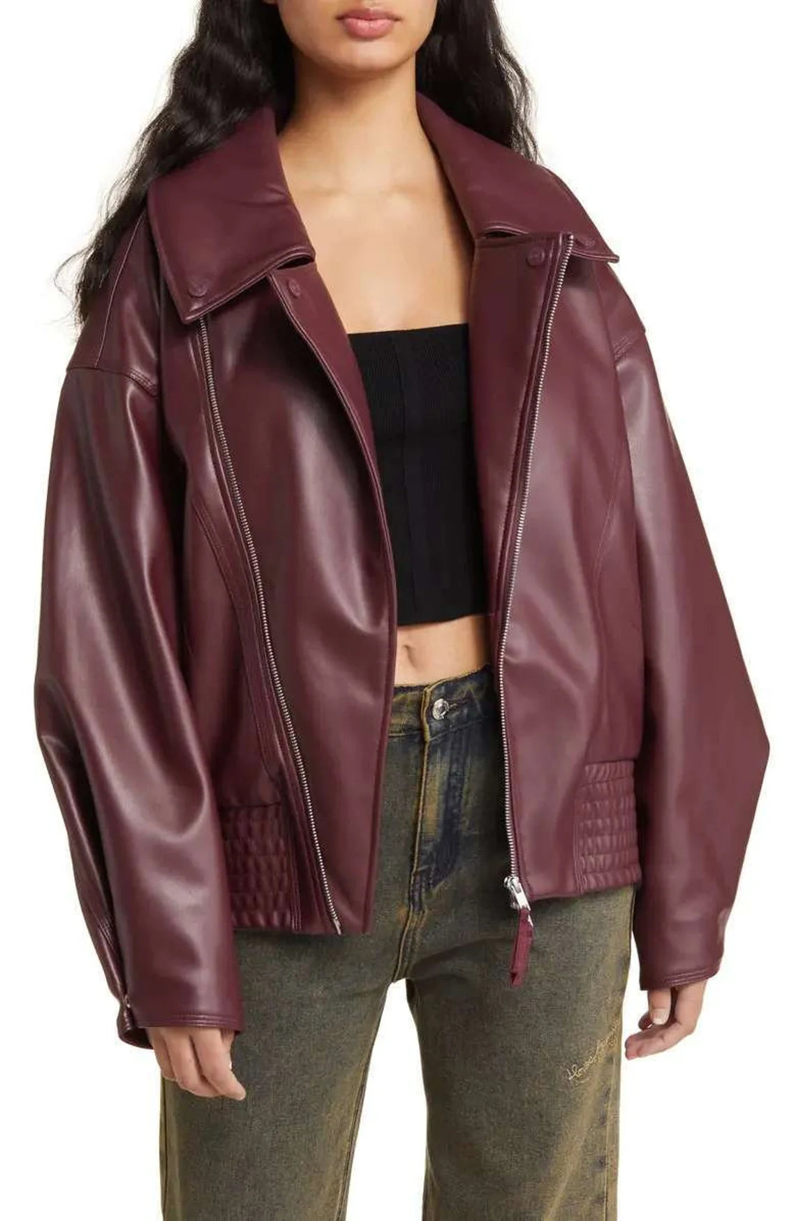 Chaqueta de cuero morada para mujer