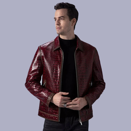 Burgundy Red Crocodile Embossed Sheepskin Leather Jacket