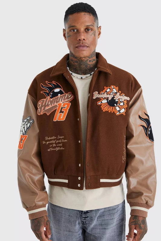 Boxy Melton Collared College Brown Leather Varsity Jacket